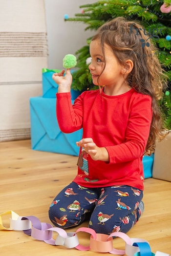 Frugi Red Ornganic Cotton Christmas Robin Applique Top And Navy Robin Leggings Outfit Set (N65303) | £34 - £36