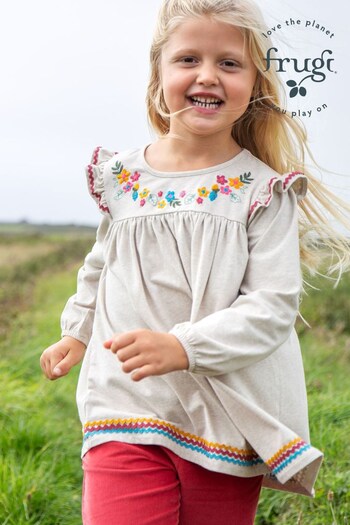 Frugi Oatmeal Orgkyic Cotton Floral Emboidred Long Sleeve Tunic Top (N65304) | £23 - £25