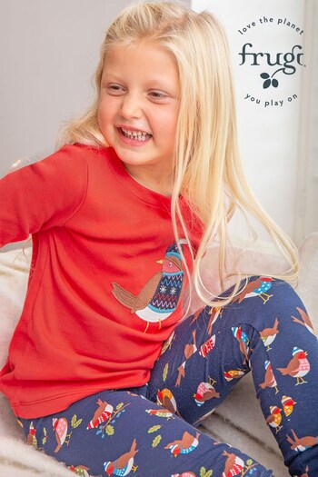 Frugi Navy Organic Cotton Christmas Robin Printed Leggings (N65317) | £17 - £18