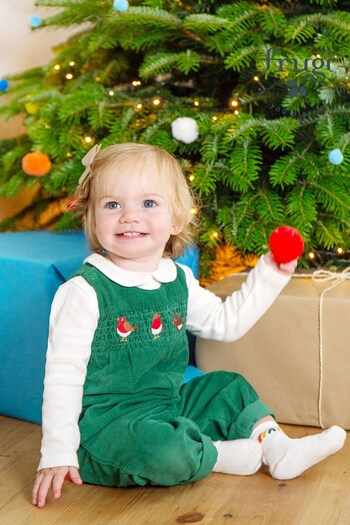 Frugi Green Organic Cotton Christmas Robin Embroidered Dungagree With Baby Body Outfit (N65323) | £42
