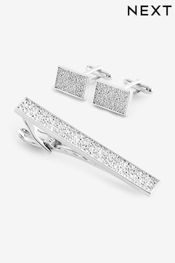 Silver Glitter Textured Cufflink And Tie Clip Set (N65352) | £18