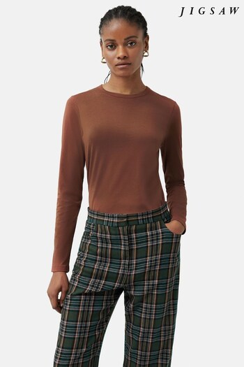 Jigsaw Supima Cotton Long Sleeve Brown T-Shirt (N65445) | £34