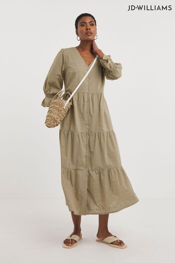 JD Williams Sand Cotton Dobby Button Through Smock  Dress With Puff Sleeves (N65470) | £22