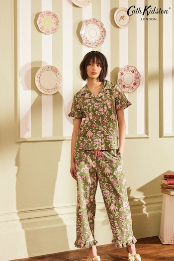 Cath Kidston Green Floral Cotton Poplin Button Through Pyjamas (N65494) | £58