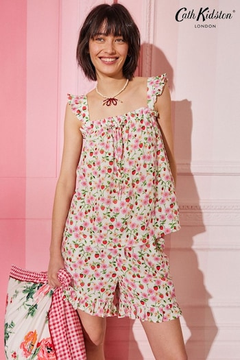 Cath Kidston Ecru/Pink Floral Strappy Cotton Pyjamas Shorts Set (N65501) | £45