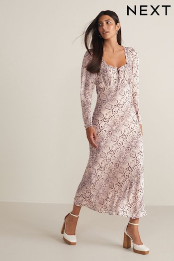 Pink Snake Print Square Neck Long Sleeve Midi Dress (N65517) | £60