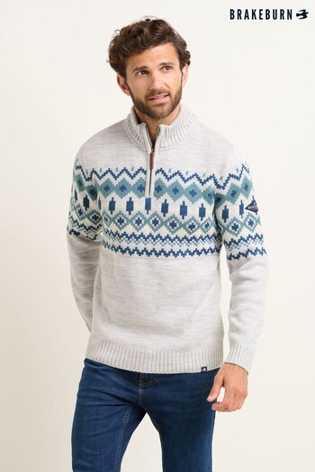Brakeburn Natural Fairisle Quarter Zip Sweater (N65544) | £70