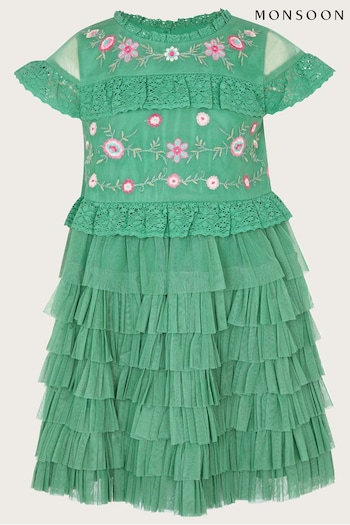 Monsoon Green Embroidered Crochet Layered Dress (N65775) | £42 - £47