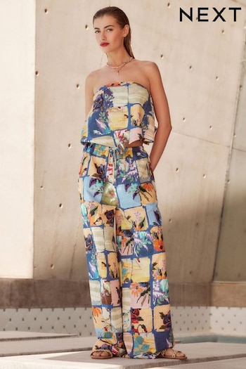 Blue Patch Print Wide Leg Ruched Trousers (N65857) | £25