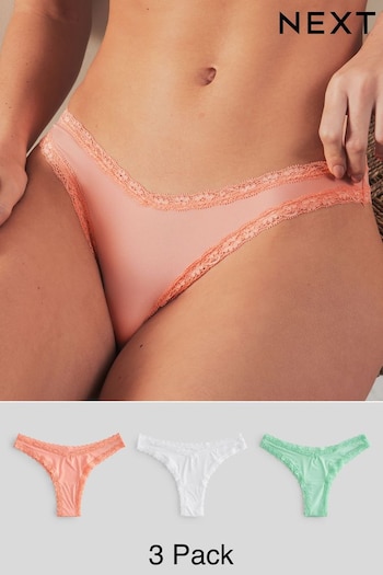 Green/White Brazilian 100% Linen Microfibre and Lace Trim Knickers 3 Pack (N65891) | £10