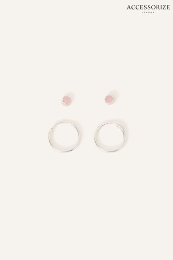 Accessorize Pink Sterling Silver Rose Quartz Stud and Hoops Set of Two (N65924) | £18