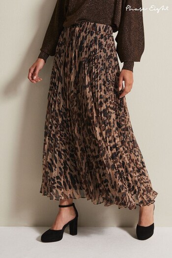 Phase Eight Lesia Leopard Pleated Maxi Brown Skirt (N66188) | £99