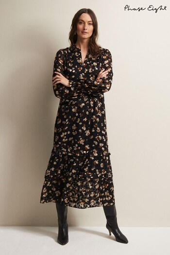 Phase Eight Karsyn Leopard Spot Textured Midi Black Dress (N66220) | £139