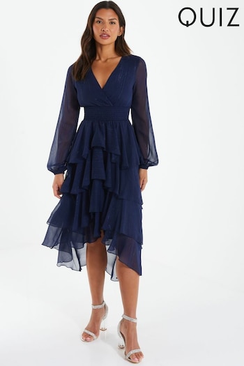 Quiz Navy Blue Chiffon Long Sleeve Tiered Midi Dress (N66278) | £65