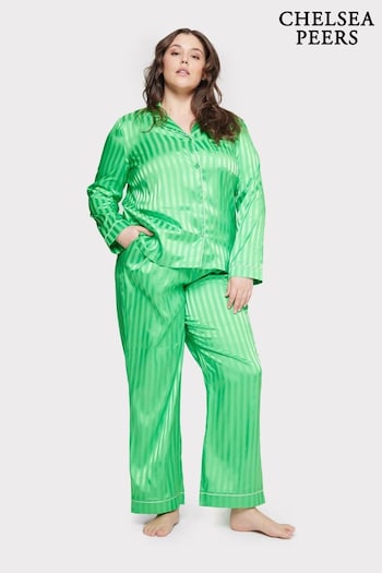 Chelsea Peers Green Curve Green Satin Jacquard Stripe Long Pyjama Set (N66324) | £55