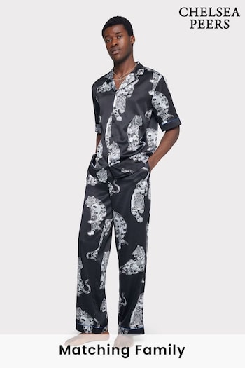 Chelsea Peers Black Satin Lotus Tiger Print Long Pyjama Set (N66344) | £52