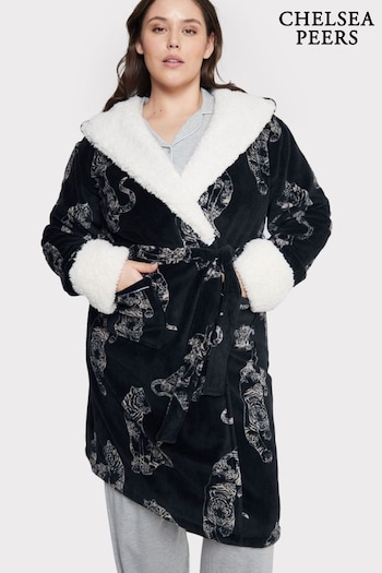 Chelsea Peers Black Curve Fleece Linear Tiger Print Dressing Gown (N66409) | £55