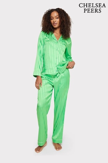 Chelsea Peers Green Curve Green Satin Jacquard Stripe Long Pyjama Set (N66506) | £55