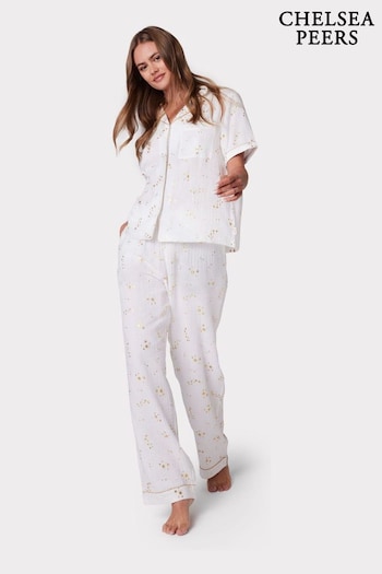 Chelsea Peers White Cotton Cheesecloth Foil Star Print Long Pyjama Set (N66512) | £60