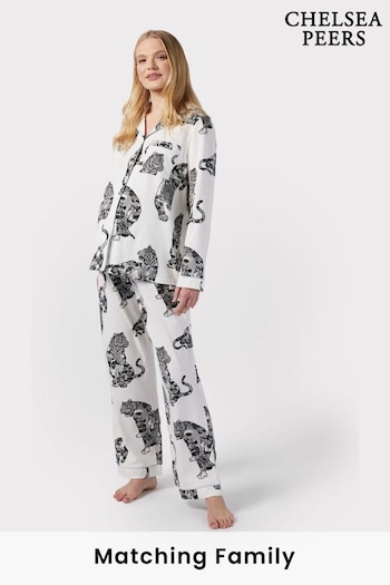 Chelsea Peers Cream Maternity Organic Cotton Lotus Tiger Print Long Pyjama Set (N66518) | £55
