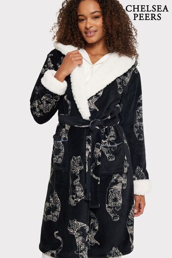 Chelsea Peers Black Fleece Linear Tiger Print Dressing Gown (N66527) | £55