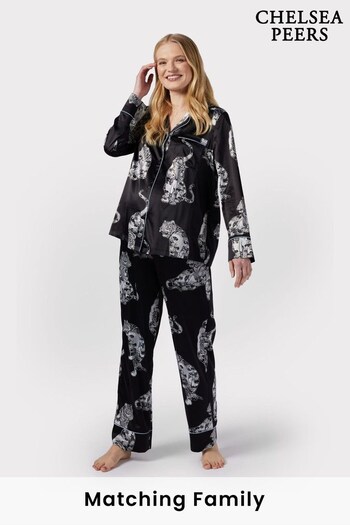 Chelsea Peers Black Maternity Curve Satin Lotus Tiger Print Long Pyjama Set (N66546) | £55
