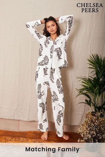 Chelsea Peers White Organic Cotton Lotus Tiger Print Long Pyjama Set (N66560) | £55