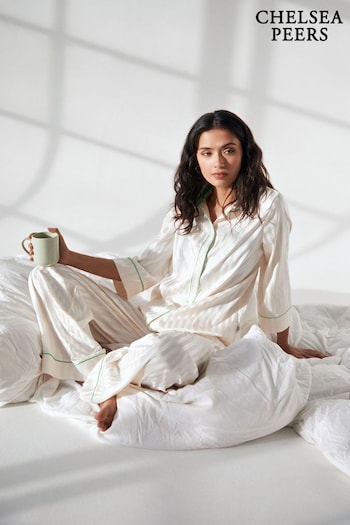Chelsea Peers Cream Satin Jacquard Stripe Long Pyjama Set (N66579) | £60