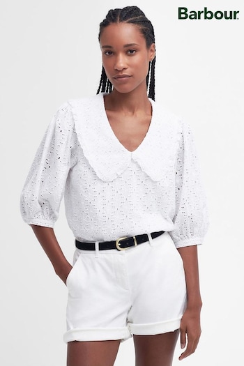 Barbour® White Oversize Kelley Broiderie Collar Puff Sleeve Blouse (N66586) | £80