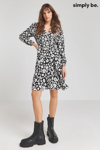 Simply Be Mono Print Textured Wrap Skater Black Dress Sustainable (N66964) | £32