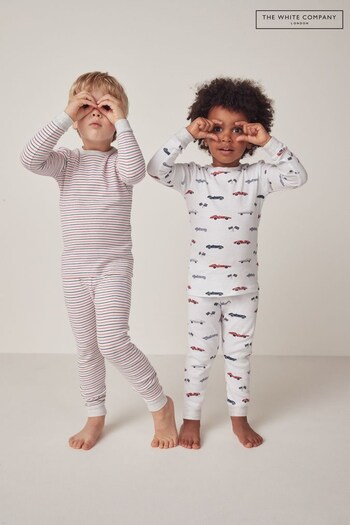 The White Company Slim Fit Organic Cotton Race Car And Stripe White Pyjamas Set Of Two (N67454) | £32 - £36