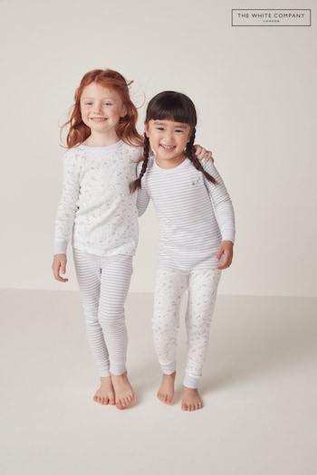 The White Company Organic Cotton Slim Fit Spring Scene & Stripe Set Of Two White Pyjamas (N67455) | £32 - £36
