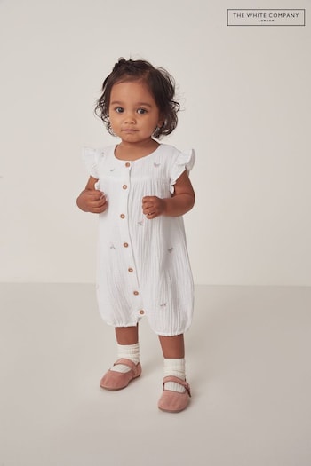 The White Company Organic Crinkle Cotton Floral Embroidered White Romper (N67457) | £28