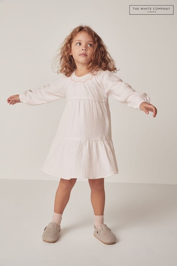 The White Company Pink Organic Crinkle Cotton Hand Smocked Tiered Dress (N67458) | £32 - £34