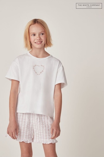 The White Company Organic Cotton Heart Embroidered Gingham Shortie White Pyjamas (N67460) | £22 - £24