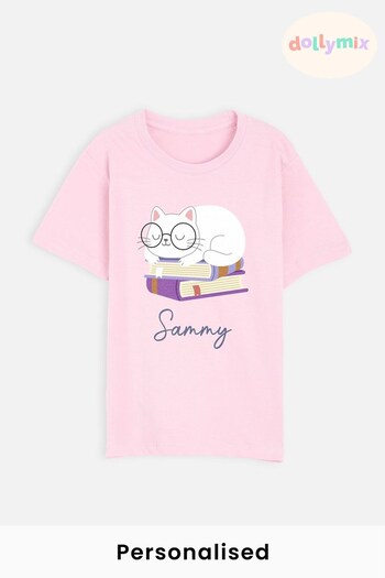 Personalised Cat On A Book Girls T-Shirt by Dollymix (N67464) | £17