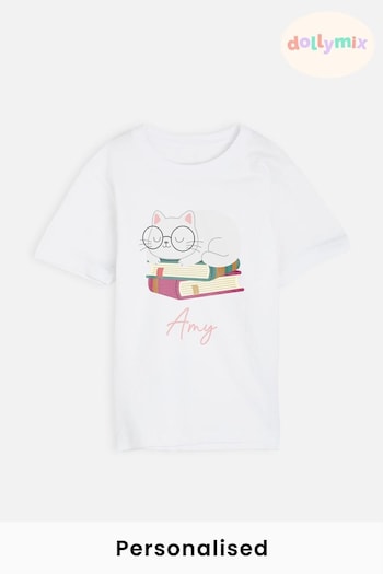 Personalised Cat On A Book Girls T-Shirt by Dollymix (N67468) | £17