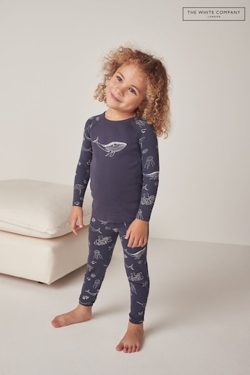 The White Company Slim Fit Blue Organic Cotton Glow In The Dark Under The Sea Pyjamas (N67481) | £26 - £28