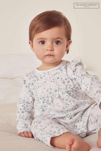 New In Home Accessories Organic Cotton Edie Floral Frill Yoke White Sleepsuit (N67672) | £22