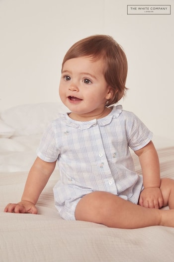 The White Company Blue Organic Cotton Floral Embroidered Gingham Shortie Sleepsuit (N67685) | £26