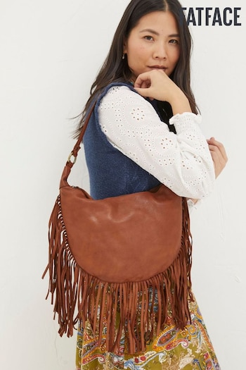 FatFace Brown Dawson Crescent Leather Tassel Bag (N68296) | £89