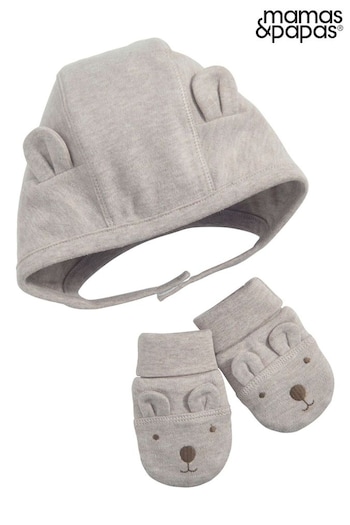 Mamas & Papas Grey 2 Piece Bear Ear Hat & Mittens Set (N68538) | £16