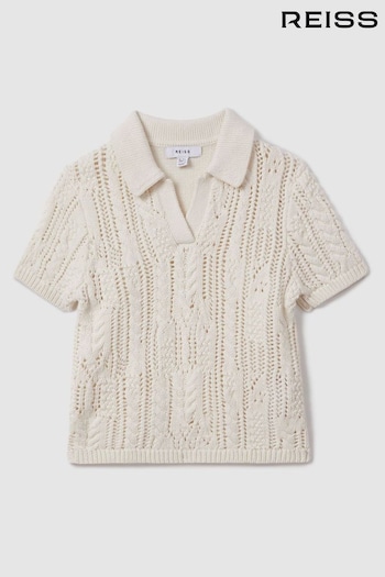 Reiss Ecru Eula Teen Crochet Open Collar Polo Shirt (N69216) | £43