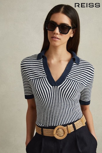 Reiss Navy/Ivory Stevie Linen Blend Open Collar Striped Polo Shirt (N69310) | £110