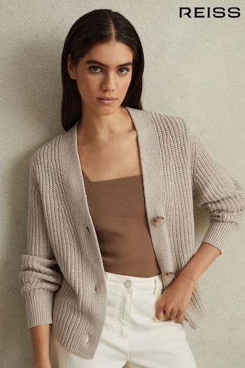 Reiss Neutral Ariana Cotton Blend Knitted Cardigan (N69348) | £148