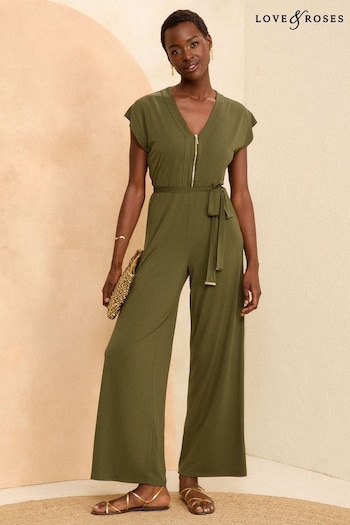 Love & Roses Khaki Green Jersey Zip Detail Wide Leg Jumpsuit (N69919) | £46