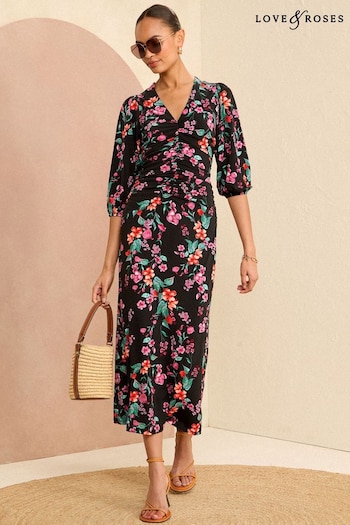 Make up Bags Black Floral Ruched 3/4 Sleeve Jersey Midi Dress (N69928) | £49