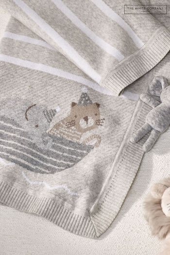 The White Company Grey Organic Cotton Noahs Ark Safari Animal Baby Blanket (N70034) | £49
