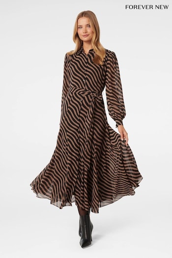 Forever New Brown Fiona Godet Shirt navy Midi Dress (N70219) | £95