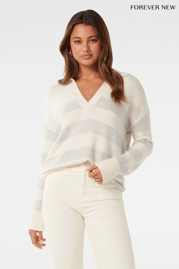 Forever New White Nicole Striped Polo Collar Jumper (N70233) | £60